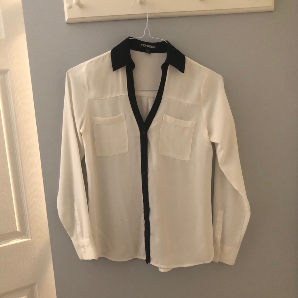 Express White with Black Trim Fit Portofino Blouse